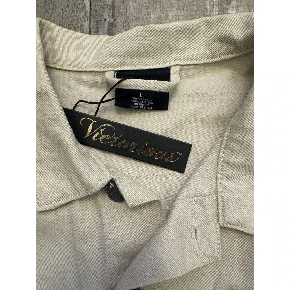 NWT Victorious World Tour Denim Trucker Jacket Large‎ Cream Distressed Patches